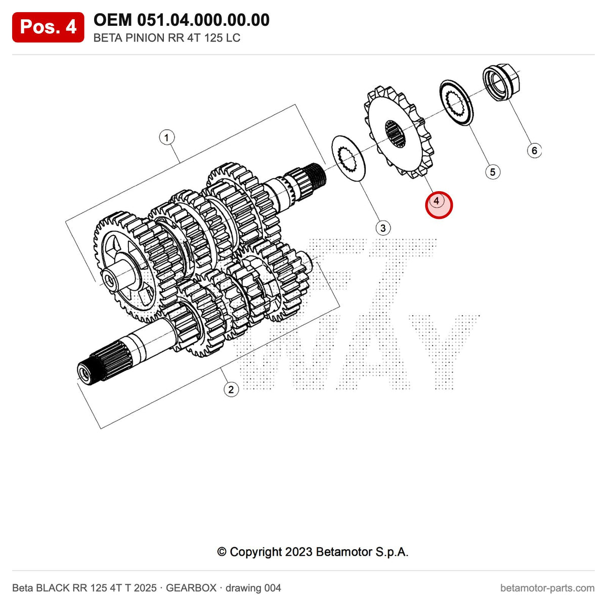 BETA PINION RR 4T 125 T – OEM 051.04.000.00.00, position 4 on the Beta BLACK RR 125 4T T 2025 gearbox drawing