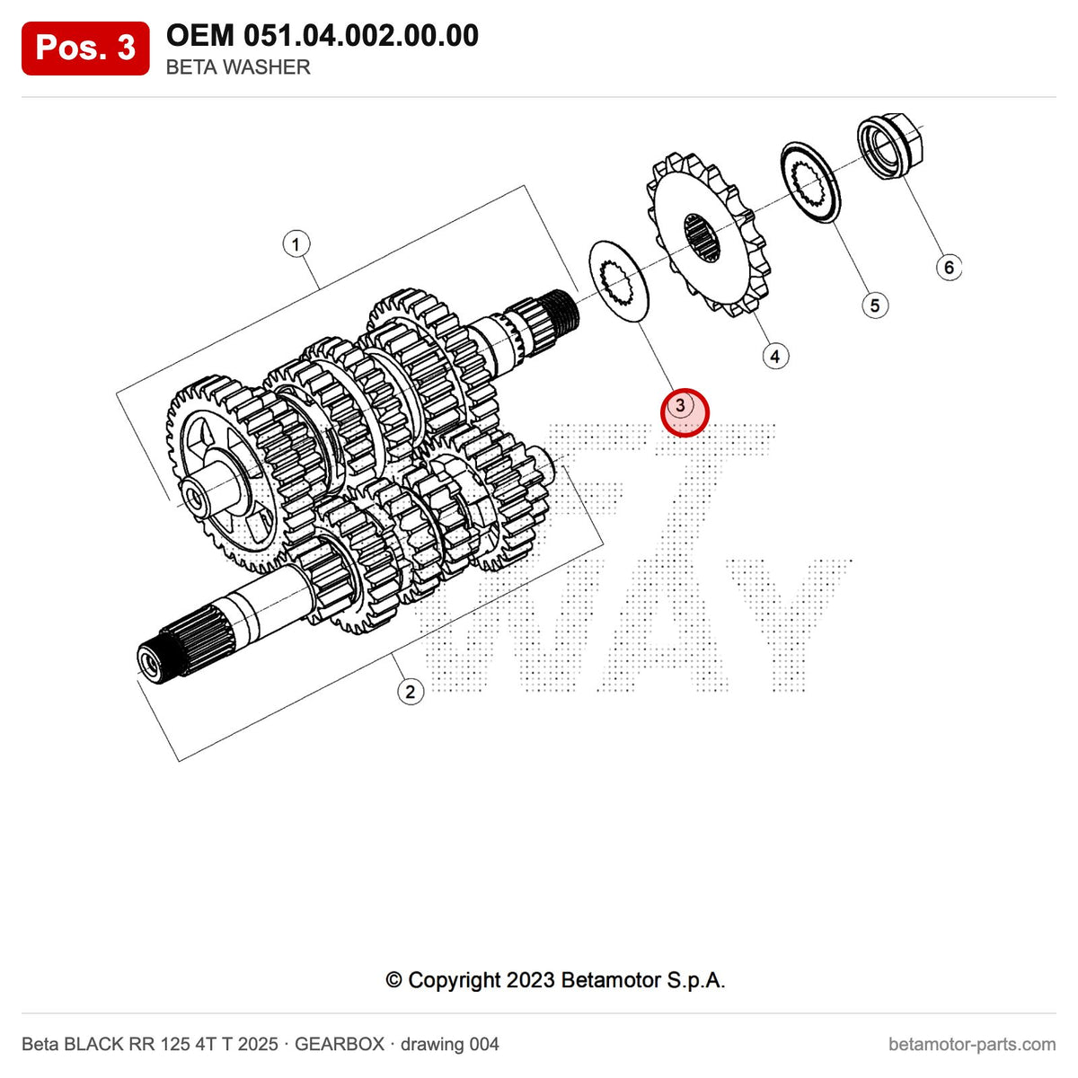 BETA WASHER – OEM 051.04.002.00.00, position 3 on the Beta BLACK RR 125 4T T 2025 gearbox drawing