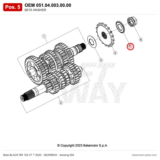 BETA WASHER – OEM 051.04.003.00.00, position 5 on the Beta BLACK RR 125 4T T 2025 gearbox drawing