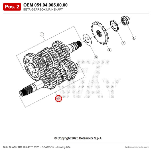 BETA GEARBOX MAINSHAFT – OEM 051.04.005.00.00, position 2 on the Beta BLACK RR 125 4T T 2025 gearbox drawing