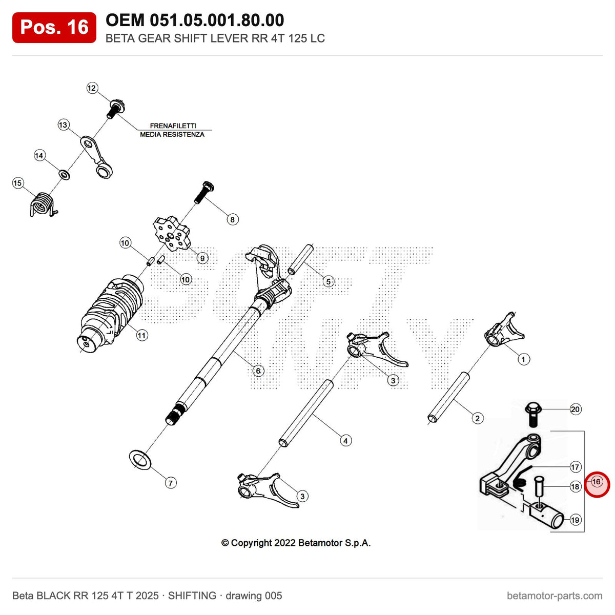 BETA GEAR SHIFT LEVER RR 4T 125 T – OEM 051.05.001.80.00, position 16 on the Beta BLACK RR 125 4T T 2025 shifting drawing