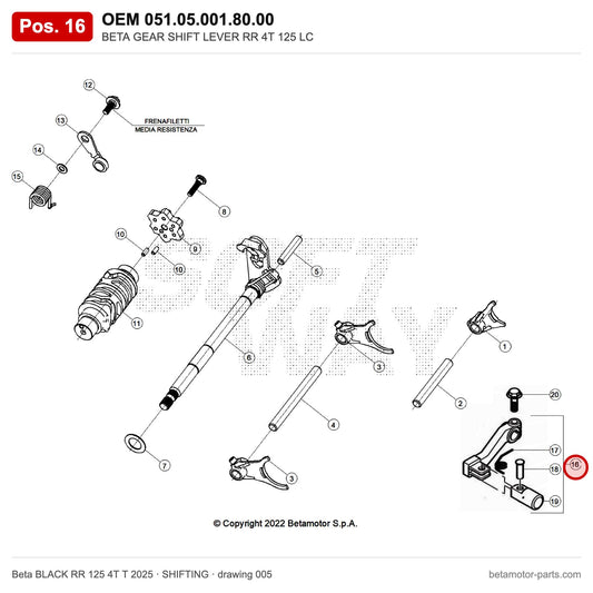 BETA GEAR SHIFT LEVER RR 4T 125 T – OEM 051.05.001.80.00, position 16 on the Beta BLACK RR 125 4T T 2025 shifting drawing