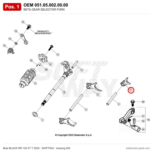 BETA GEAR SELECTOR FORK – OEM 051.05.002.00.00, position 1 on the Beta BLACK RR 125 4T T 2025 shifting drawing