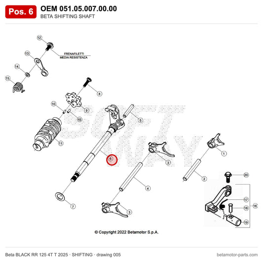 BETA SHIFTING SHAFT – OEM 051.05.007.00.00, position 6 on the Beta BLACK RR 125 4T T 2025 shifting drawing