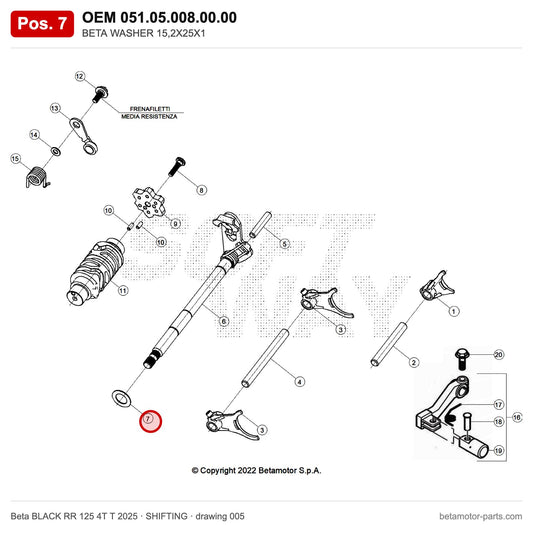 BETA WASHER 15,2X25X1 – OEM 051.05.008.00.00, position 7 on the Beta BLACK RR 125 4T T 2025 shifting drawing