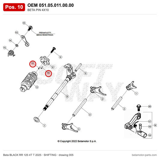 BETA PIN 4X10 – OEM 051.05.011.00.00, position 10 on the Beta BLACK RR 125 4T T 2025 shifting drawing