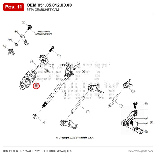 BETA GEARSHIFT CAM – OEM 051.05.012.00.00, position 11 on the Beta BLACK RR 125 4T T 2025 shifting drawing