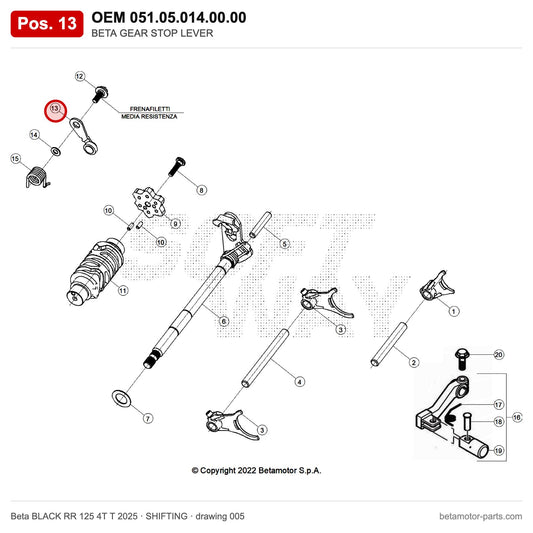 BETA GEAR STOP LEVER – OEM 051.05.014.00.00, position 13 on the Beta BLACK RR 125 4T T 2025 shifting drawing