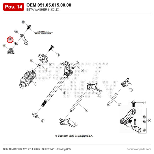 BETA WASHER 6,3X12X1 – OEM 051.05.015.00.00, position 14 on the Beta BLACK RR 125 4T T 2025 shifting drawing