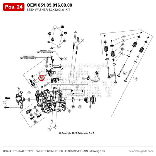 BETA WASHER 6,3X12X1,6 -KIT – OEM 051.05.016.00.00, position 24 on the Beta X RR 125 4T T 2026 cylinder/cylinder head/valvetrain drawing
