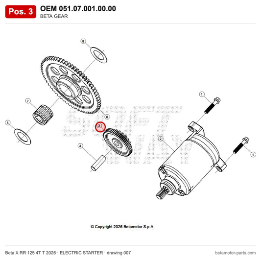 BETA GEAR – OEM 051.07.001.00.00, position 3 on the Beta X RR 125 4T T 2026 elettricstarter drawing