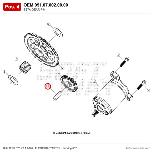 BETA GEAR PIN – OEM 051.07.002.00.00, position 4 on the Beta X RR 125 4T T 2026 elettricstarter drawing