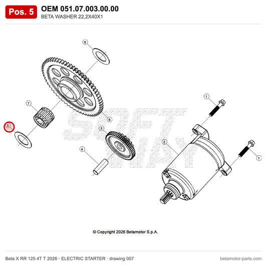 BETA WASHER 22,2X40X1 – OEM 051.07.003.00.00, position 5 on the Beta X RR 125 4T T 2026 elettricstarter drawing