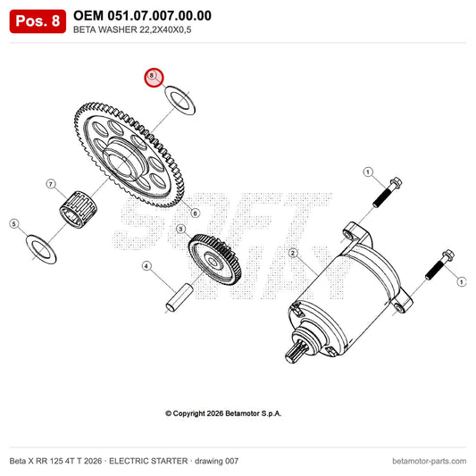 BETA WASHER 22,2X40X0,5 – OEM 051.07.007.00.00, position 8 on the Beta X RR 125 4T T 2026 elettricstarter drawing