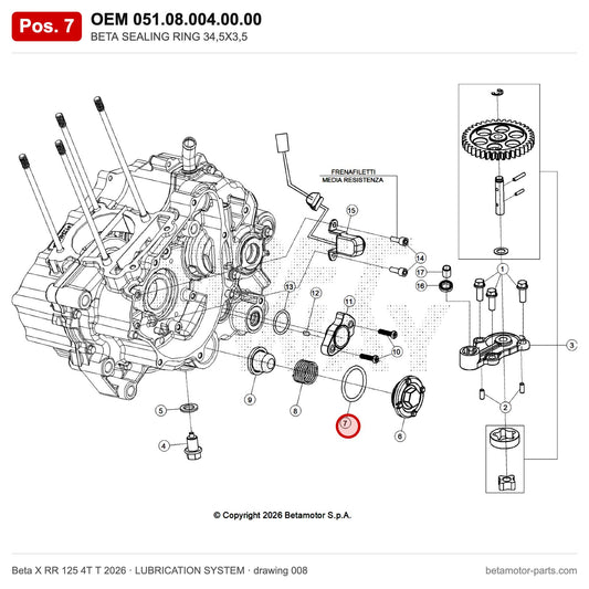 BETA SEALING RING 34,5X3,5 – OEM 051.08.004.00.00, position 7 on the Beta X RR 125 4T T 2026 lubrication system drawing