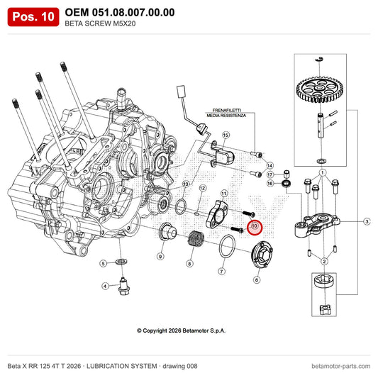 BETA SCREW M5X20 – OEM 051.08.007.00.00, position 10 on the Beta X RR 125 4T T 2026 lubrication system drawing