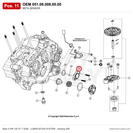 BETA SENSOR – OEM 051.08.008.00.00, position 11 on the Beta X RR 125 4T T 2026 lubrication system drawing
