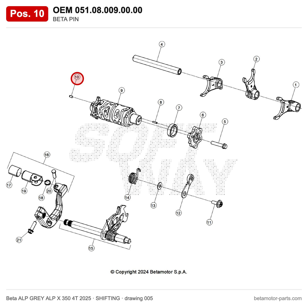 BETA PIN – OEM 051.08.009.00.00, position 10 on the Beta ALP GREY ALP X 350 4T 2025 shifting drawing