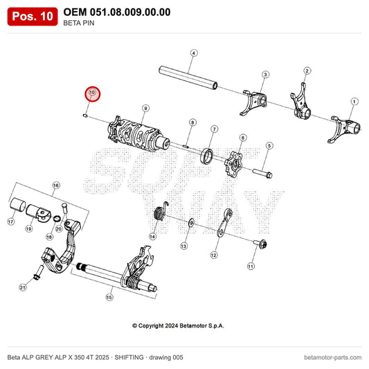 BETA PIN – OEM 051.08.009.00.00, position 10 on the Beta ALP GREY ALP X 350 4T 2025 shifting drawing