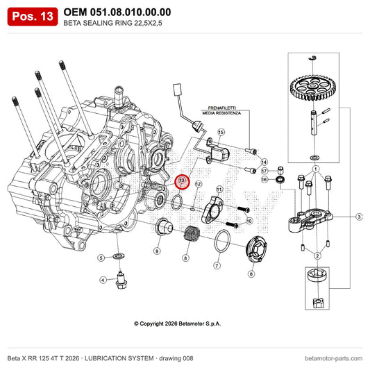 BETA SEALING RING 22,5X2,5 – OEM 051.08.010.00.00, position 13 on the Beta X RR 125 4T T 2026 lubrication system drawing