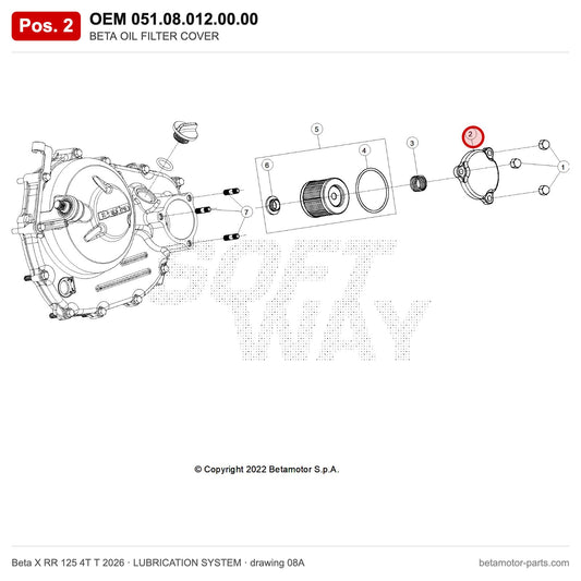 BETA OIL FILTER COVER – OEM 051.08.012.00.00, position 2 on the Beta X RR 125 4T T 2026 lubrication system drawing