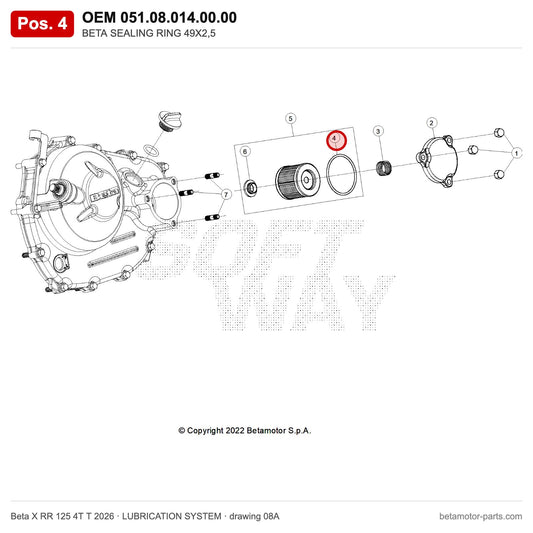 BETA SEALING RING 49X2,5 – OEM 051.08.014.00.00, position 4 on the Beta X RR 125 4T T 2026 lubrication system drawing