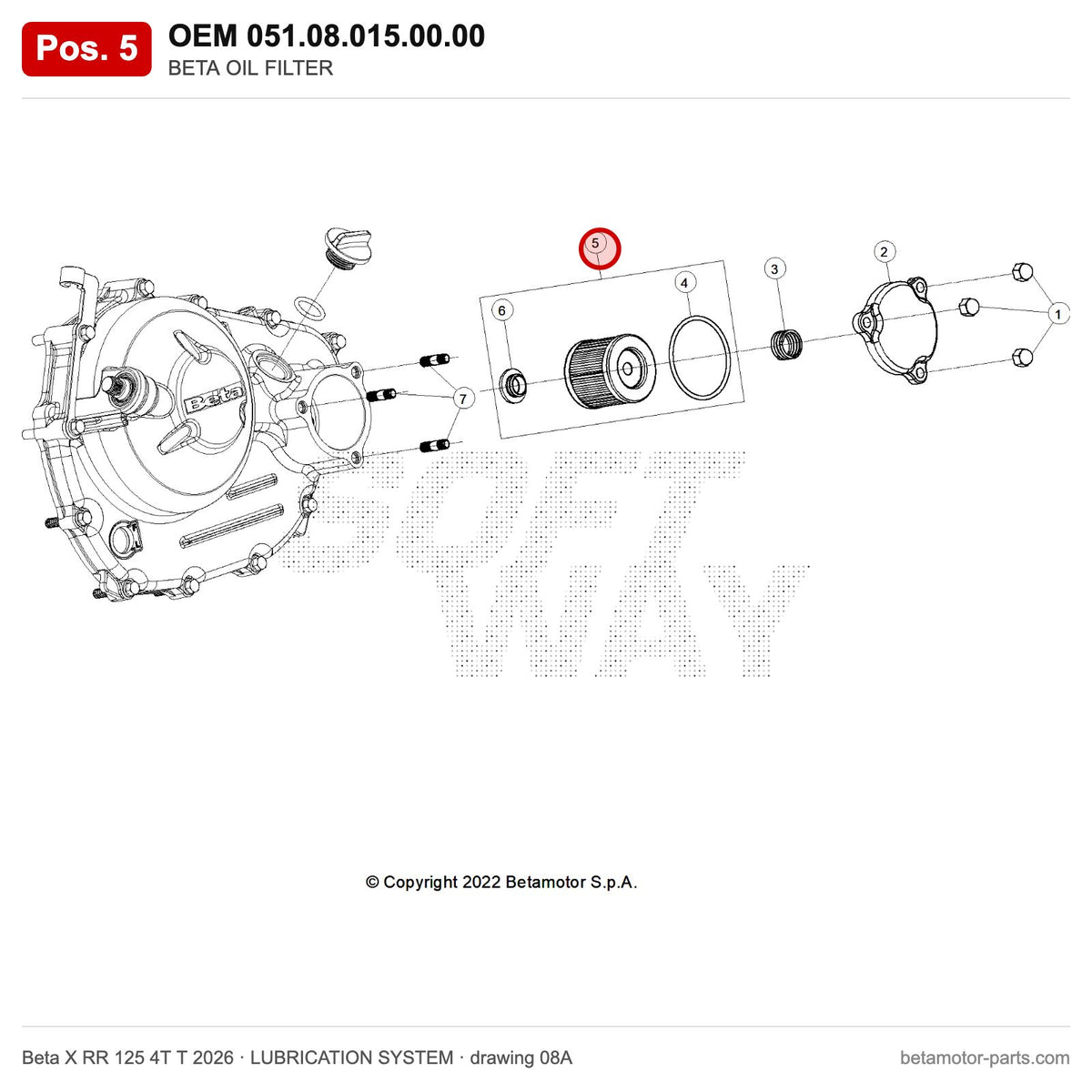 BETA OIL FILTER – OEM 051.08.015.00.00, position 5 on the Beta X RR 125 4T T 2026 lubrication system drawing