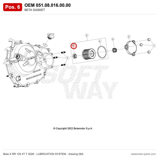 BETA GASKET – OEM 051.08.016.00.00, position 6 on the Beta X RR 125 4T T 2026 lubrication system drawing