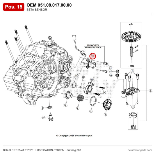 BETA SENSOR – OEM 051.08.017.00.00, position 15 on the Beta X RR 125 4T T 2026 lubrication system drawing