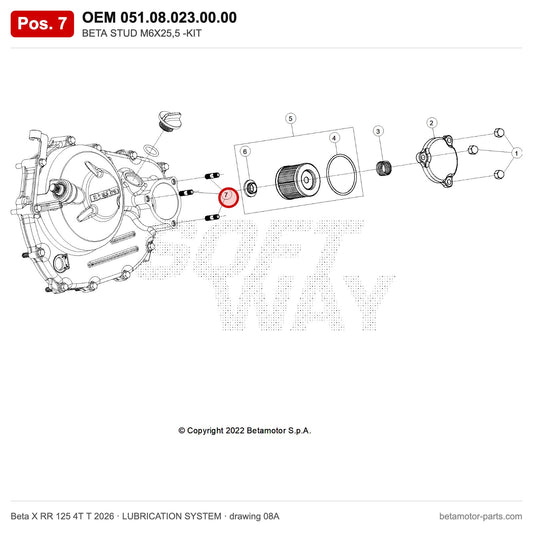 BETA STUD M6X25,5 -KIT – OEM 051.08.023.00.00, position 7 on the Beta X RR 125 4T T 2026 lubrication system drawing