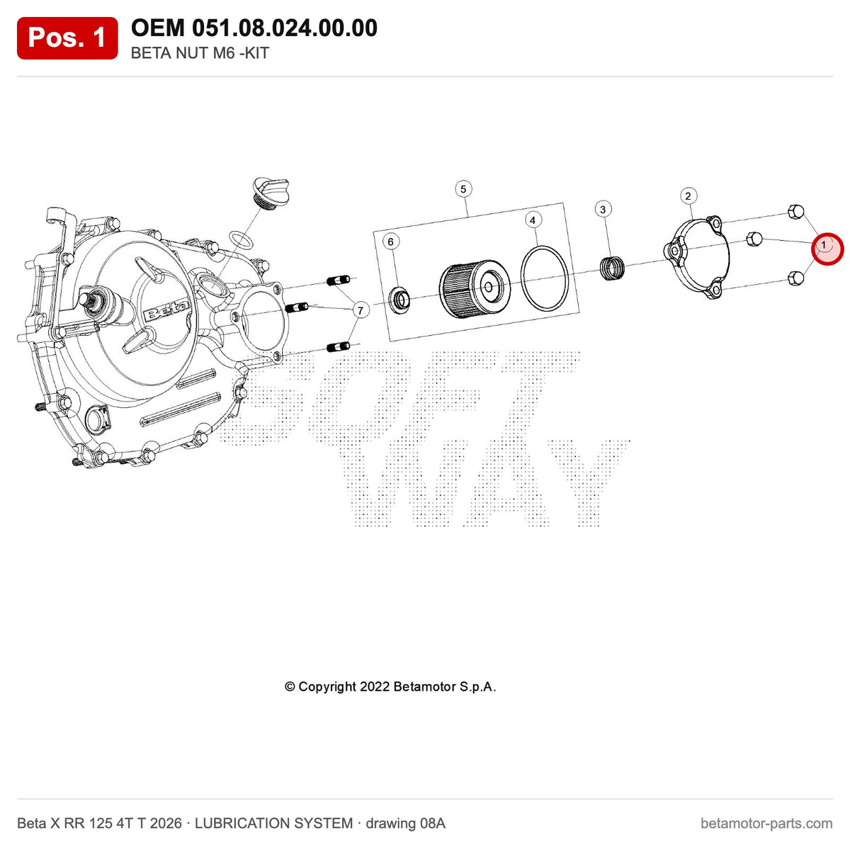 BETA NUT M6 -KIT – OEM 051.08.024.00.00, position 1 on the Beta X RR 125 4T T 2026 lubrication system drawing
