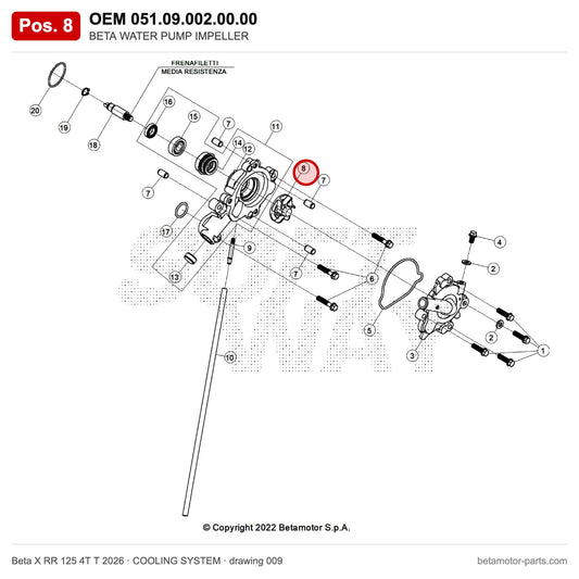 BETA WATER PUMP IMPELLER – OEM 051.09.002.00.00, position 8 on the Beta X RR 125 4T T 2026 cooling system drawing