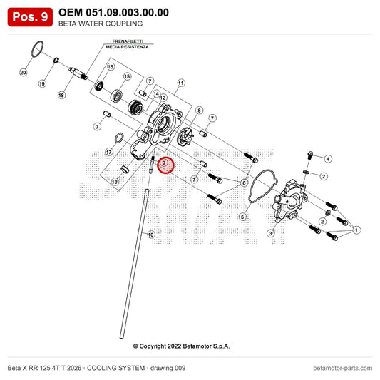 BETA WATER COUPLING – OEM 051.09.003.00.00, position 9 on the Beta X RR 125 4T T 2026 cooling system drawing
