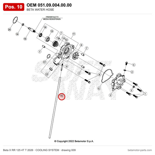 BETA WATER HOSE – OEM 051.09.004.00.00, position 10 on the Beta X RR 125 4T T 2026 cooling system drawing