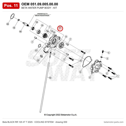 BETA WATER PUMP BODY - KIT – OEM 051.09.005.00.00, position 11 on the Beta BLACK RR 125 4T T 2025 cooling system drawing