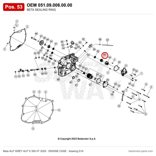 BETA SEALING RING – OEM 051.09.008.00.00, position 53 on the Beta ALP GREY ALP X 350 4T 2025 engine case drawing