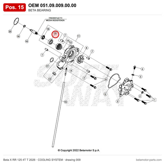 BETA BEARING – OEM 051.09.009.00.00, position 15 on the Beta X RR 125 4T T 2026 cooling system drawing