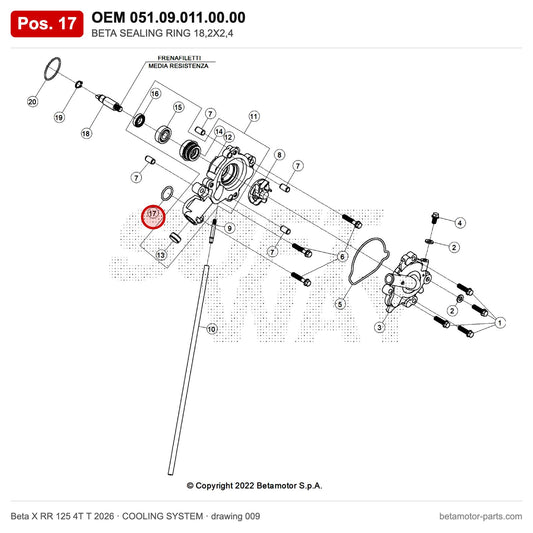 BETA SEALING RING 18,2X2,4 – OEM 051.09.011.00.00, position 17 on the Beta X RR 125 4T T 2026 cooling system drawing
