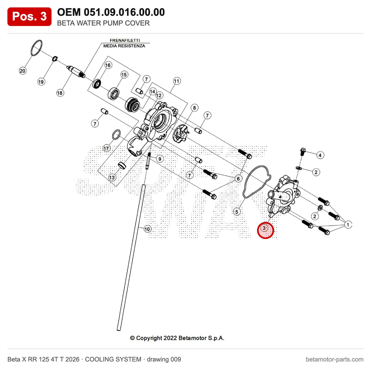 BETA WATER PUMP COVER – OEM 051.09.016.00.00, position 3 on the Beta X RR 125 4T T 2026 cooling system drawing