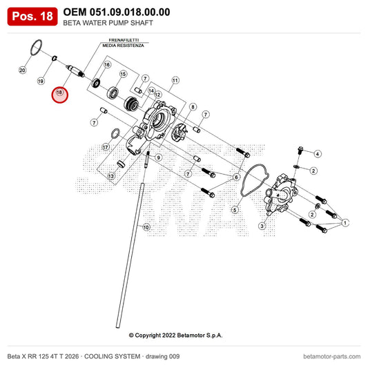BETA WATER PUMP SHAFT – OEM 051.09.018.00.00, position 18 on the Beta X RR 125 4T T 2026 cooling system drawing