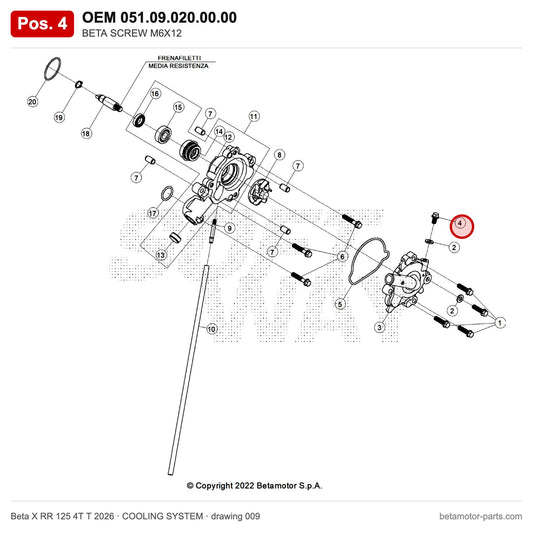 BETA SCREW M6X12 – OEM 051.09.020.00.00, position 4 on the Beta X RR 125 4T T 2026 cooling system drawing