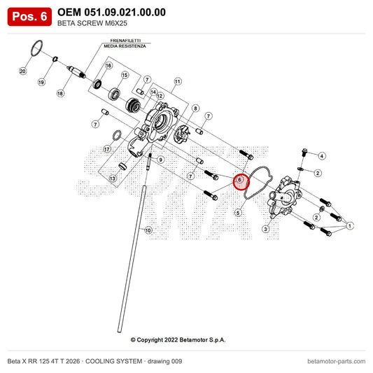 BETA SCREW M6X25 – OEM 051.09.021.00.00, position 6 on the Beta X RR 125 4T T 2026 cooling system drawing
