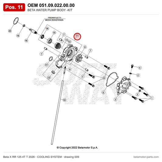 BETA WATER PUMP BODY -KIT – OEM 051.09.022.00.00, position 11 on the Beta X RR 125 4T T 2026 cooling system drawing