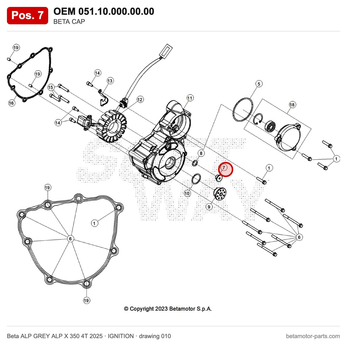 BETA CAP – OEM 051.10.000.00.00, position 7 on the Beta ALP GREY ALP X 350 4T 2025 ignition drawing