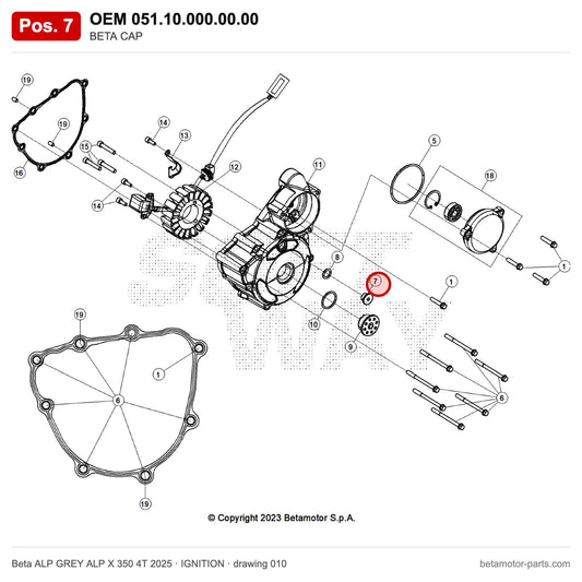 BETA CAP – OEM 051.10.000.00.00, position 7 on the Beta ALP GREY ALP X 350 4T 2025 ignition drawing