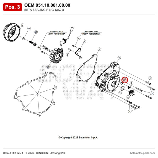 BETA SEALING RING 13X2,8 – OEM 051.10.001.00.00, position 3 on the Beta X RR 125 4T T 2026 ignition drawing