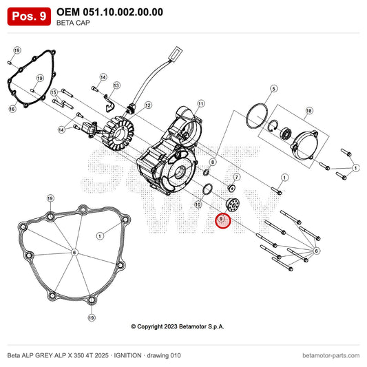 BETA CAP – OEM 051.10.002.00.00, position 9 on the Beta ALP GREY ALP X 350 4T 2025 ignition drawing