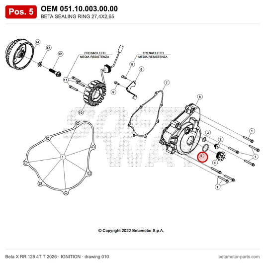 BETA SEALING RING 27,4X2,65 – OEM 051.10.003.00.00, position 5 on the Beta X RR 125 4T T 2026 ignition drawing