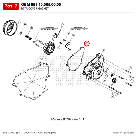 BETA COVER GASKET – OEM 051.10.005.00.00, position 7 on the Beta X RR 125 4T T 2026 ignition drawing