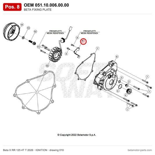 BETA FIXING PLATE – OEM 051.10.006.00.00, position 8 on the Beta X RR 125 4T T 2026 ignition drawing